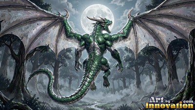 Spreading broad wings, a green dragon roars at a full moon above misty dark woods