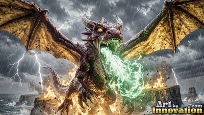 Dragon breathing green fire on rocks during a lightning storm