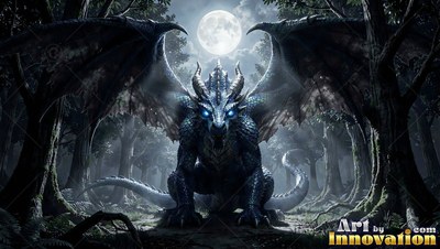 Bright blue eyes open wide on a dark dragon crouched in a dark forest under a round moon