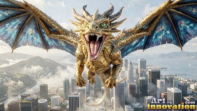 A golden dragon glides through the air over a city skyline, showing bright blue wings in daylight