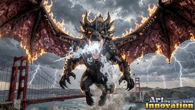 Flying forward over a red bridge, a dark dragon lets out a roar with burning wings