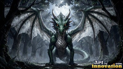 A green dragon spreads its wings on a path in a dark forest under the bright full moon