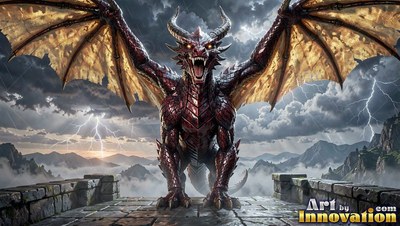 On a stone balcony, a horned red dragon opens its mouth to roar with open wings before storm clouds