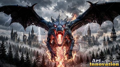 Breathing fire, a dark scaled dragon glides through the air over misty castles and pines