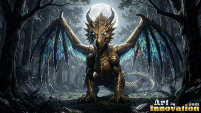 A golden dragon with blue wings sits in a deep dark woods under a round moon