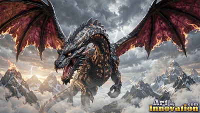 Fiery wing edges flare on a black dragon flying over snowy mountain peaks