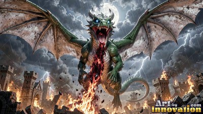 A green dragon spews fire over stone castle ruins under flashes of white lightning