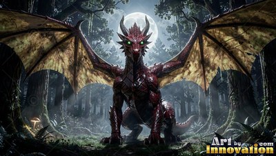 Facing forward with wings spread, a red dragon crouches in a dark forest under a round moon