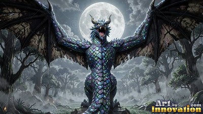 A dragon opens its mouth to roar with wings spread wide under a moon in the woods