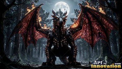 Spreading wide fiery wings, a horned black dragon sits in a dark forest under the bright full moon