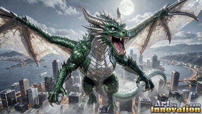 A green dragon roaring in flight over a city under the moon