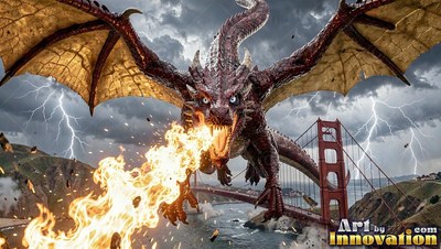 Horned head breathing yellow fire, a red dragon flies above a red bridge in a lightning storm