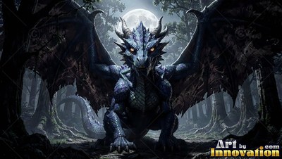 A dragon with blue scales with two horns crouches in dark woods with wide wings beneath bright white moonlight