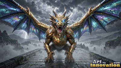 Crouched on a stone bridge, a golden dragon spreads its wings under lightning