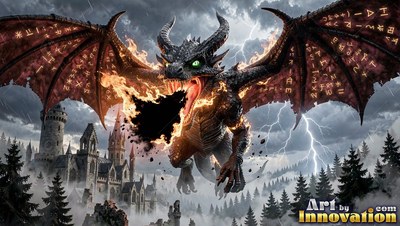 A black dragon breathes fire while flying over a stone castle in a thunderstorm
