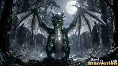 In a dark forest under a moon, a green dragon crouches with open wings