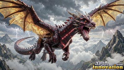 Soaring through storm clouds, a dark red dragon snarls with an open mouth over jagged mountains