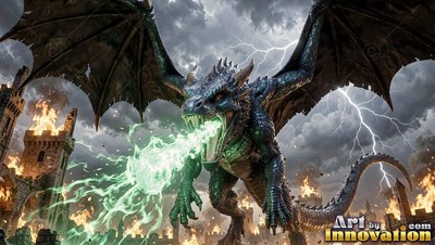A dragon breathes green fire over a ruined castle under lightning