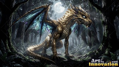 Golden scales cover a winged dragon standing in a dark forest under a moon