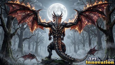 A dragon spreads its wings toward the bright full moon, lined with orange fire