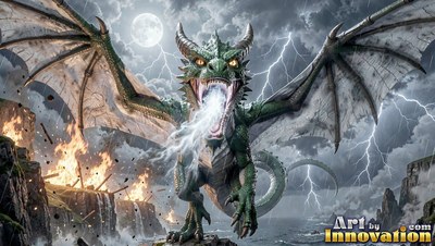 Facing forward with wings spread wide over cliffs, a green dragon opens its mouth to roar under lightning