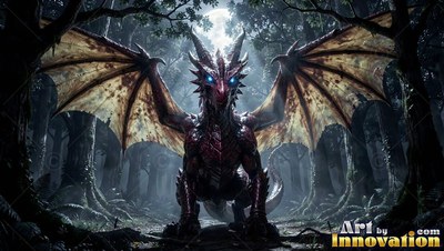 A red dragon spreads broad wings in a dark forest under a bright moon