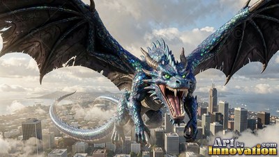 Above a coastal city, a blue dragon with open wings roars in midair