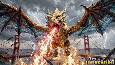 Breathing fire over a red suspension bridge, a horned golden dragon moves through the air on open wings in a storm