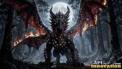 Black dragon with fire on its wings standing in a moonlit forest