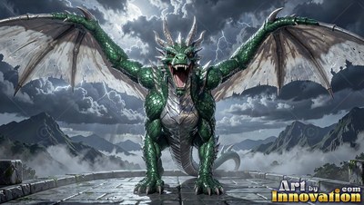 Green scaly wings spread wide as a roaring dragon perches on a stone ledge below a storm