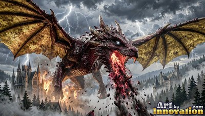 A winged dragon breathes fire over a castle under white lightning