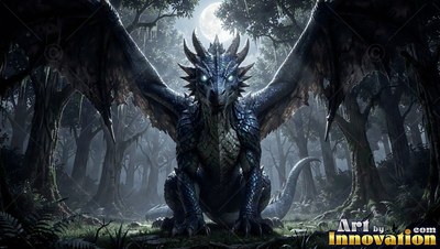 Facing forward, a blue-scaled dragon crouches in a dark forest under the moon