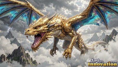 A golden dragon with blue wings roars over stormy gray mountains
