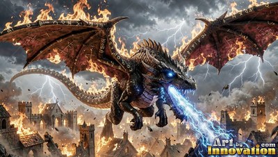 Over a burning town, a winged dragon breathes blue lightning through a stormy sky
