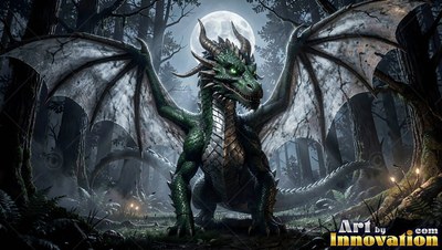 Spreading wide wings, a green dragon stands in a shadowy woods under a bright full moon