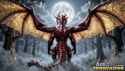 Red dragon spreading wings in a foggy forest under a round moon