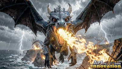 Spitting bright fire, a horned dragon with blue scales lands on a stormy sea cliff with lightning