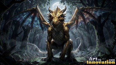 A golden dragon crou ches on shadowy woods soil beneath soft blue moonlight