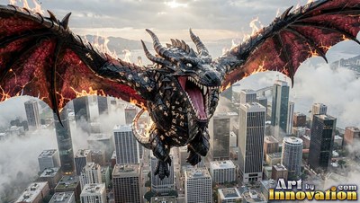 Wings spread wide over a foggy city, a black dragon swoops forward