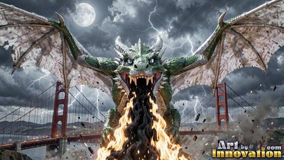 A green dragon breathes black smoke and fire over a suspension bridge under a bright full moon