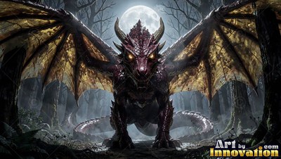 In a forest at night under a full moon, a red dragon spreads wide wings