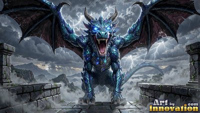 Roaring on a stone ledge, a blue scaled dragon spreads wings in a lightning storm