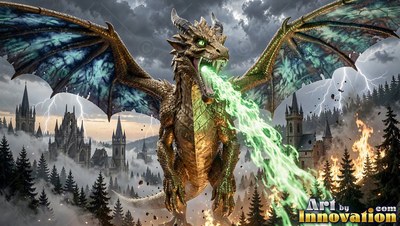 A golden dragon breathes green fire over a forest during a storm