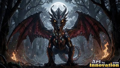 Curved horns top a black dragon standing with open wings in a shadowy woods under a round moon