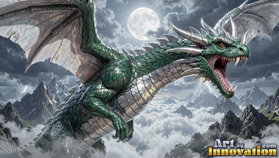 A green dragon roars above cloudy mountains under the pale light of a full moon