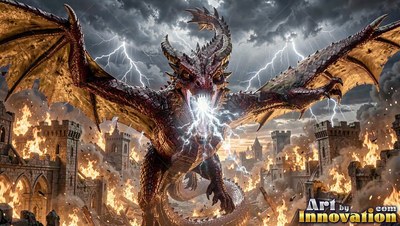 Wings spread wide above a burning castle, a red dragon shoots lightning