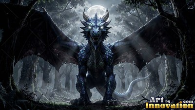 A bright blue dragon spreads its wings in a shadowy woods under a full moon