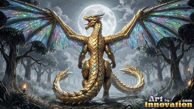 In a dark forest under a round moon, a golden dragon opens broad colorful wings