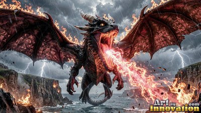 Breathing fire above the sea, a black winged dragon roars between stormy cliffs