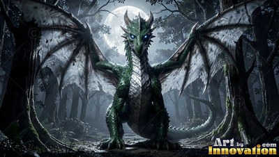 A green dragon spreads its wings in a forest at night under a full moon